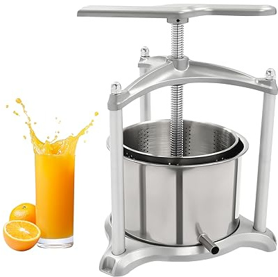 Fruit Wine Press Manual Juice Maker Fruit Grinder with T-Handle Press Machine for Juice Vegetable Cheese Honey with Triangular Base and 3 Columns, Dual Stainless Steel Barrels (4L/1.06 Gal)