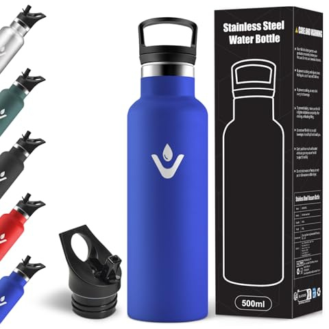 Motswedi Borraccia Termica Bambini, 500ml Con 2 Tappi, Borraccia con Cannuccia, Doppia Parete, Bottiglia Termica, A Prova di Perdite, Bottiglia acqua Per Scuola, Sport, Campeggio, Palestra, Blu Reale