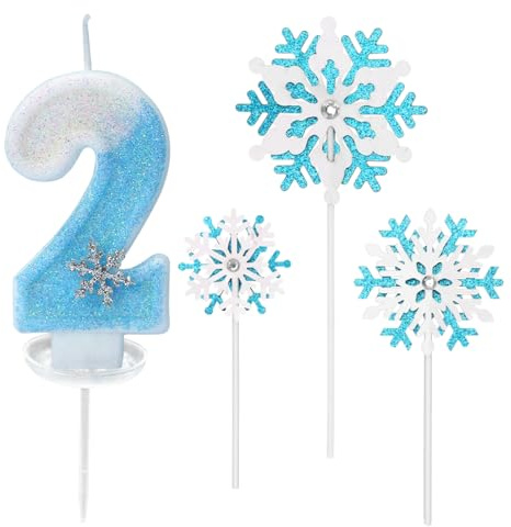 Glitzernde Zahlenkerze 2 mit Schneeflocken-Deko –Geburtstagskerze für Mädchen, Kerze 2 Geburtstag Kinder, Kerzen für Kuchen, Blau-weißer 3D-Glitzer & Tropfschutz