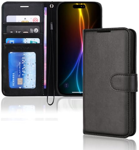 TECHGEAR iPhone 17 Leather Wallet Case with RFID Blocking, Flip Cover with Card & Cash Holder, Kickstand, Wrist Strap, Magnetic Closure - Black PU Leather for iPhone 17 6.3