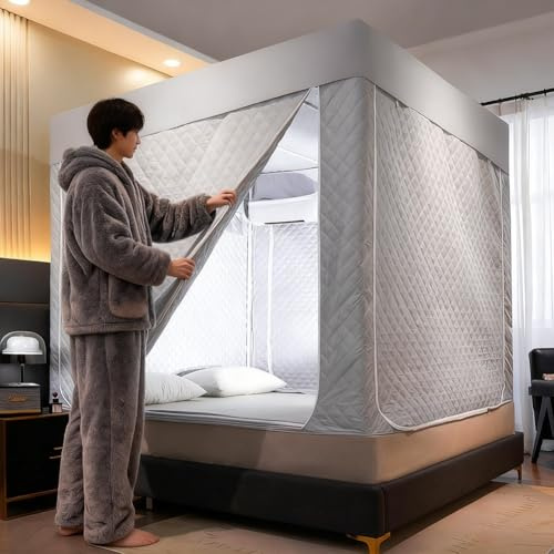 Bettzelt-Überdachung, Twin, Schwarz, Winterwärme, kältebeständig, winddicht, ultra-verdunkelnd, Privatsphäre, Schlafhaus for den Innenbereich, atmungsaktiv, tragbar, Traumzelt(Gray,180x200x145cm)
