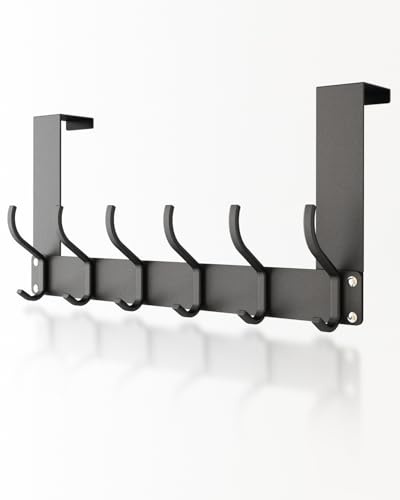 Maraiss Over Door Hook Hanger 12 Hooks, Assembly-Free Matte Texture Over Door Hanger for Clothes Coat Towel Bag Robe Bathroom Door Hooks Black