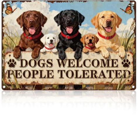 DOODLREAM Dogs Welcome People Tolerated Tin Sign Retro Metal Wall Decor 20 x 30 cm Vintage Pet Lover Wall Art Poster for Home Room Cafes Bar Pub Outdoor Bathroom Garden Yard Man Cave Decor Gift