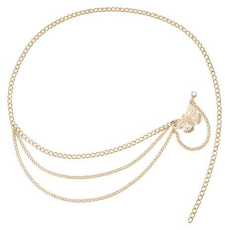 JewelryWe Sommar boho kroppskedja dam: Cuban-länkkedja i flera lager med fjärilshänge 110 cm justerbar höftkedja body kedja elegant smycke för bikini sommar festival fest, guld