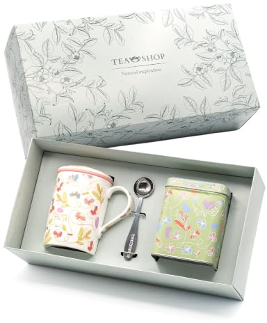 TEA SHOP - Pack Taza de porcelana con Filtro y Tapa + Lata y Cuchara medidora - Set Tea Time Classic Fil Rouge - Perfecto para Regalo