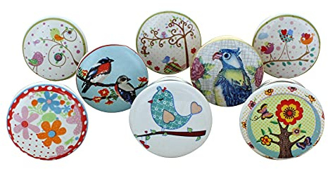 G Decor Garden Birds Floral Assorted Designs Ceramic Door Knobs, Vintage, Shabby Chic, Interior Furniture, Cabinet Cupboard Drawers Pulls Handles (8-Pack)