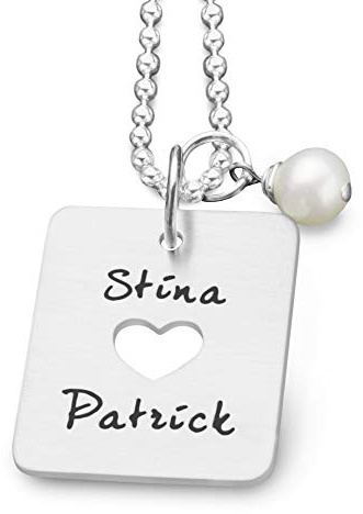 Partnerkette Silber Gravur Herzanhänger SQUARE HEART 925 Silber Partnerschmuck Halsband Herz Perle Liebe Verlobung