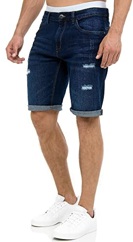 Indicode Hombres Caden Jeans Shorts | Pantalones Cortos Vaqueros con 5 Bolsillos Holes - Dark Blue M