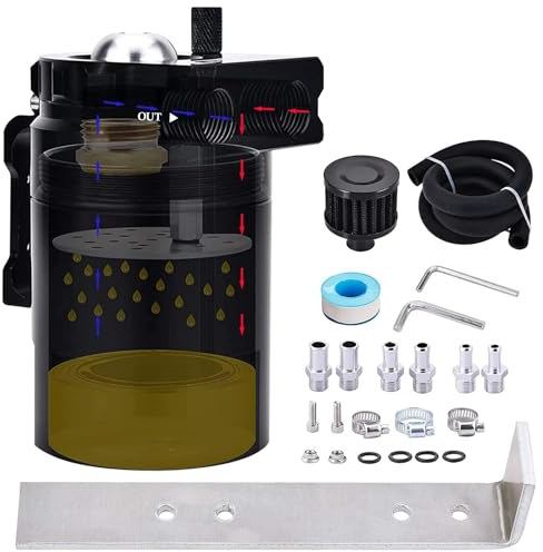 SPEEDWOW Universal Oil Catch Can Kit with low micron bronze filter & larger removable baffle,Oil Capture Tank Air Tank with 3/8 Fuel Line, 300ml(Black)