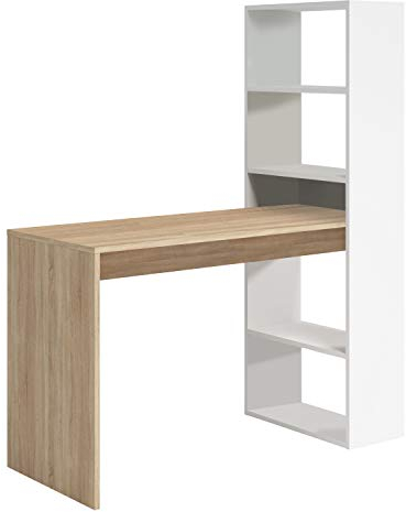 Habitdesign Escritorio con Estanteria Reversible, Mesa de Ordenador, Blanco Artik y Roble Canadian, Modelo Duplo, Medidas: 120 cm (Ancho) x 53 cm (Fondo) x 144 cm (Alto)