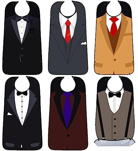 SATINIOR, Set of 6 Adult Bibs for Eating Men Waterproof Bow Tie Pattern Adult Bib Washable and Reusable Clothing Protectors for Elderly Men, 33.5 x 18 Inch