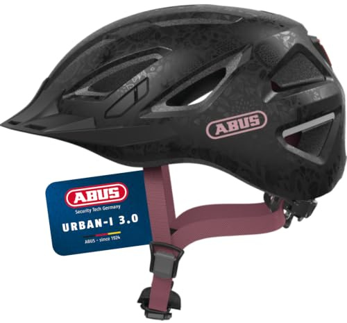 ABUS Stadthelm Urban-I 3.0 - Fahrradhelm mit Rücklicht, Schirm und Magnetverschluss - für Damen und Herren - Schwarz mit Blumen-Muster, Größe L