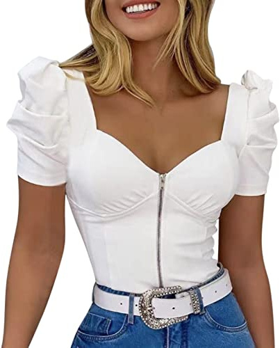 Blusas de Mujer Elegantes Manga Corta Diseño de Volantes con Cuello en U y Cremallera en el Pecho, Camisas Mujer Sexy Pequeño Crop Top Sexy de Verano Mujer Vintage para Primavera(A Blanco,M)