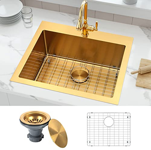 MONSINTA Gold Kitchen Sink, 25 Inch Drop In Kitchen Sink, 25 x 22 x 10 Stainless Steel Single Bowl Bar Sinks, 10 Inch Dpeth Deep Sink with Sink Protector and Kitchen Sink Strainer