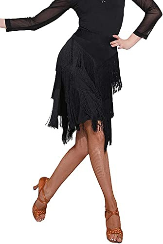 SXJART - Gonna da donna per balli latini, tango, salsa, con frange e scollatura a fessura, Nero , L-XL
