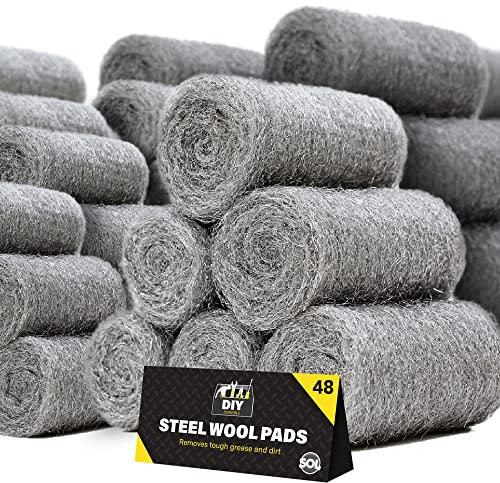 SOL 48pk Steel Wool Pads – Fine Grade 0 Metal Scourers for Polishing, Buffing, Rust Removal, Paint Prep – Multipurpose Scourers for Cleaning Wood, Furniture, Surfaces & DIY Tasks