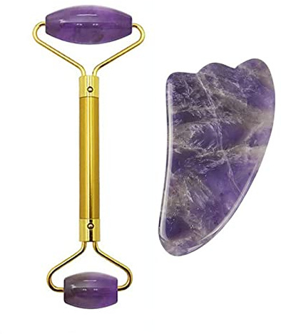 Natürliche Amethyst-Jade-Augenmaske, Gesichtsroller, Gua Sha-Stein, Gouache-Schaber, Schlaf-Augenvorhang-Massage-Set,Typ 04