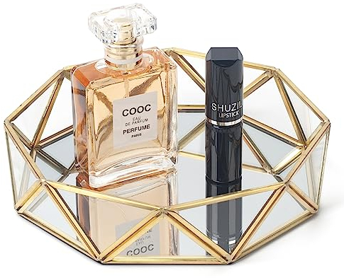 Gold Mirror Decorative Tray - Perfume Organiser & Makeup Tray for Vanity, Dresser, Bathroom & Bedroom (Round, S)