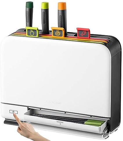 Smart Knife Schneidebrett mit Trockenhalter, Organizer, einfache Reinigung, 3 farbcodierte Schneidebretter, 3 Messer, 2 Schäler, 1 Schere, Smart Home Gadgets für mühelose Küchenvorbereitung