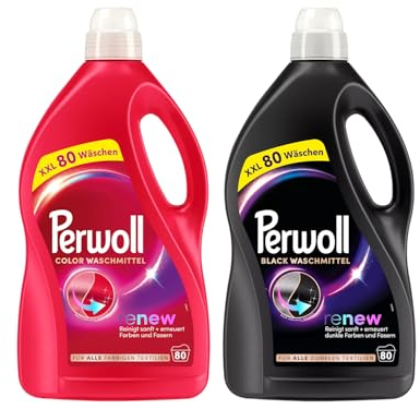 PERWOLL Flüssig-Set 2x 80 Waschladungen (160WL) 1x Black & 1x Color, Feinwaschmittel-Set reinigt sanft und erneuert Farben und Fasern, Waschmittel mit Dreifach-Renew-Technologie