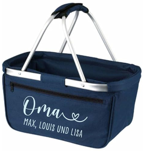 AWASG Einkaufskorb Oma mit Herz- Personalisiert mit Name - Einkaufstasche faltbar Tragekorb mit Aufdruck - 45 x 25 x 25 cm (navy)