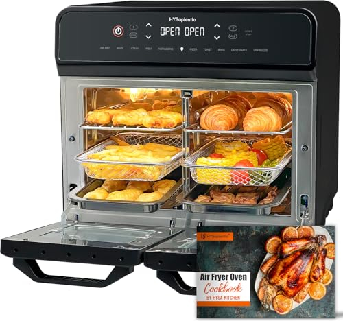 HYSapientia® 22 Litri Forno Friggitrice Ad Aria doppio cestello Calda,2400W friggitrice aria 2 cestelliin in acciaio inossidabile,10 Funzioni,Doppia Temperatura,Suddividere in due campate,Girarrosto