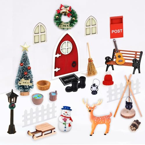 Aniepaa Wichtel Zubehör Weihnachten, Miniatur Wichtel Zubehör, Weihnachtswichtel Tür Set mit Feentür, Briefkästen, Stiefel, Leiter, Weihnachtsbaum, Wichtel Set für Mädchen Junge (26 PCs)