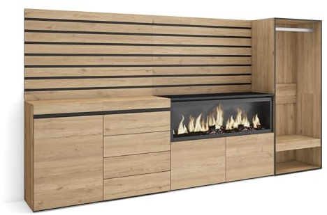 Skraut Home | Sideboard, Kommode | Aufbewahrungsschrank | 274x145x35 cm | Für Schlafzimmer, Zimmer | Elektrokamin XXL | Kommode mit Schubladen | Offener Kleiderschrank | Moderner Stil | Eiche
