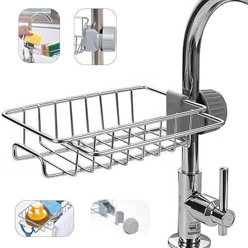 Stainless Steel Sink Drain Rack - Faucet Sponge Holder - Kitchen and Bathroom Storage Shelf - Hanging Soap Dish Brush Dishcloth Drainer