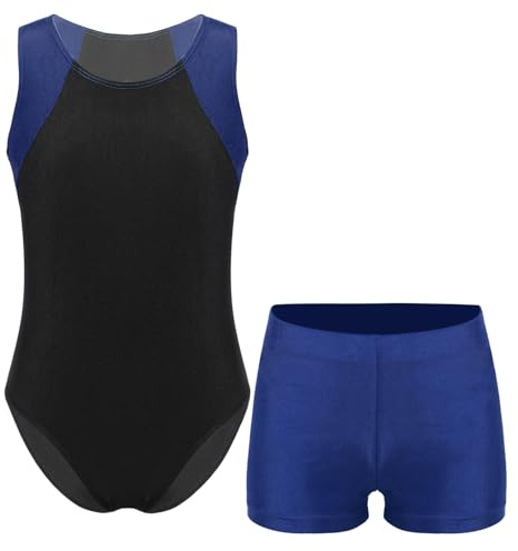 ranrann Barn pojke Gymnastik Dancing Bodysuit Ärmlös med shorts gym sport 5–16 år, Marinblå, 7-8 ans