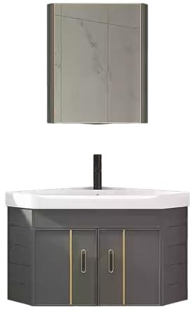 SXSYTR Badezimmer-Eckwaschbecken Mit Unterschrank, Wandmontiertes Keramikwaschbecken, Eck-waschbecken Mit Unterschrank, Eck Badezimmerschrank Mit Waschbecken Nd Spiegelschrank(56cm)