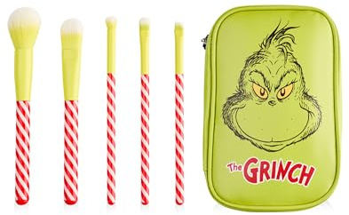 The Grinch Makeupborstset för Kvinnor | Grinch Karaktärs Sminkborstar för Damer med Förvaringsfodral med Dragkedja | Randiga Blandade Ansiktsborstar med Borstfodral för Vuxna och Tonåringar