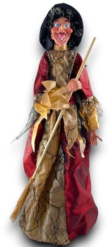Generico Bambola Pupazzo Befana 60cm con luci led e suoni Vestito raso e ragnatela, Mantello e Scopa Decorazione Statua Epifania halloween strega