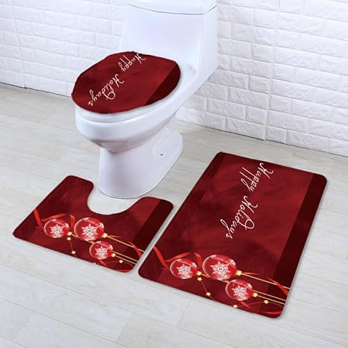 Bad Teppiche Set Eleganter Roter Ball Badezimmerteppich Waschbar WC Vorleger mit Ausschnitt und WC Deckelbezug 3 Teilig Badematte rutschfest Toilettensitzbezug Badgarnitur 45x75 cm