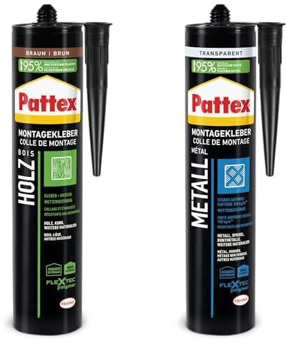 Bundle aus Pattex Montage Holz 420g + Pattex Montage Metall 325g, wetterbeständige, elastische Kleber für Holz, Metall, Buntmetall und Spiegel, für innen und außen