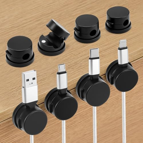 QWORK® 6 Pack Magnetic Cable Tidy Clips 360° Rotatable Cord Organizer for Desk and Home - Fits Charging, USB, HDMI Cables - Black