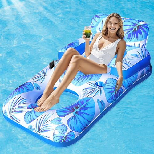 Junbig Pool Floats Adult, 65 Pool Lounger Float with Backrest Armrest Footrest, Inflatable Pool Float w/Cup and Phone Holder, Thicken Floating Pool Lounge Chair Floaties for Pool Beach Lake (Blue)