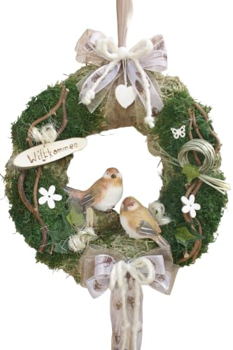 Türkranz D32 cm Sommer mit Zwei Vögel, Taupe weiß | für Tür und Wand, Handgefertigt in Deutschland, Mit Schleife und Willkommen-Schild