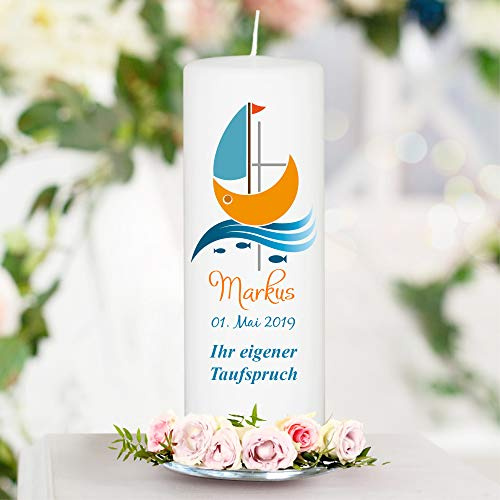 Wandtattoo Loft Taufkerze Junge mit Taufspruch, Motiv mit einem Boot Schiff, 25cm x 8cm, personalisierte Kerze, bedruckte Kerze zur Taufe, Stumpenkerze, individuelles Taufgeschenk