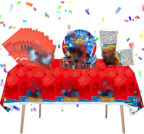 Heartsking Geburtstag Deko, 41 Stück Spider Geburtstagsdeko Geschirr Kit, Cartoon Partygeschirr Kindergeburtstag mit Servietten, Tasse, Platte für Mädchen Junge 10-20 Person Dekoration Geburtstag