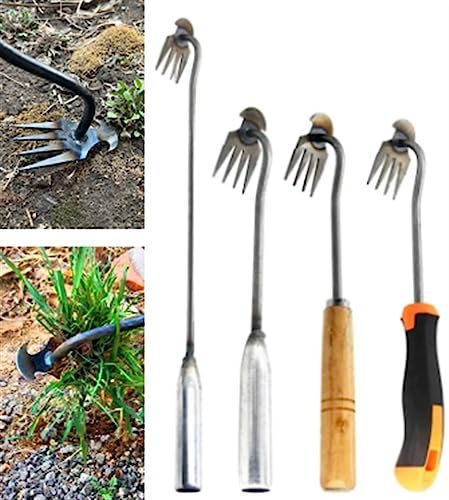 Outil de désherbage manuel – Désherbeur double usage à 4 dents pour un retrait facile des mauvaises herbes dans le jardin, la cour et la ferme – Outil de désherbage et de désherbage debout