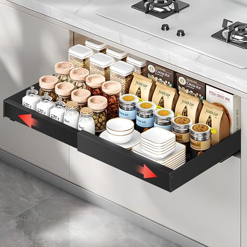 Teleskopschublade Küche 42cm Tief, Verstellbare Breite 32–50cm, Ohne Bohren, Ausziehbare Schublade für Küchenschrank, Schrank Organizer – Schwarz & Weiß (Schwarz)