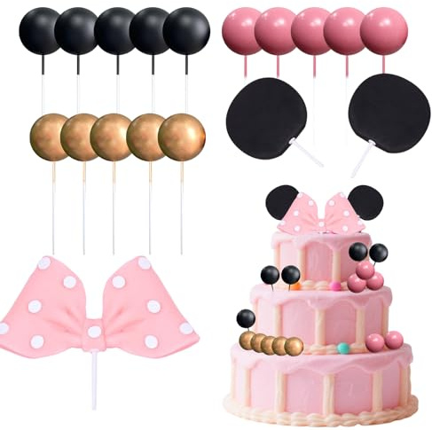 Qwrqwr Mouse Cake Topper Ears Pink Bow Decorations for Girl's Birthday Baby Shower Party (Mouse Pink)