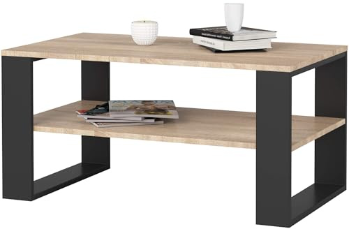 AKORD Couchtisch Holz Alex mit einem Regal, 92x45x53cm, Für Wohnzimmer, Schlafzimmer Schrank, Minimalistisch Modernes Design, Schichtstoffplatte 16mm, Farbe Sonoma-Eiche & Schwarz