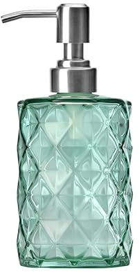 Distributeur de savon en verre vert 350 ml avec pompe en acier inoxydable, bouteille liquide rechargeable pour savon pour les mains, lotion, gel douche, distributeur de liquide vaisselle moderne pour