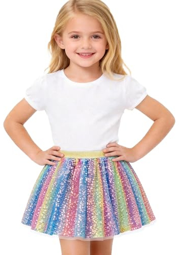 Magic Park 1-14Y Toddler Tulle Sequin Skirt Little Girl Tutu Skirts Birthday Holiday Party Girls Solid Color Short Skirt (Vertical Multicoloured Skirt, 12-14 Years)