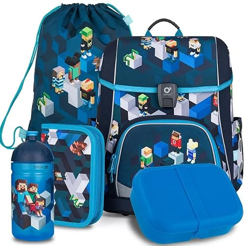 TOPGAL Schulranzen Set Jungen Mädchen ab 1 Klasse, 5 Teilig, Kinder Schultasche Erstklässler, Ergonomischer Schulrucksack für erste klasse. Grundschule Ranzen mit Brustgurt (PixelArt)