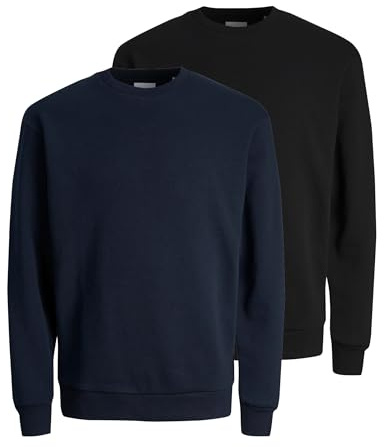 JACK & JONES Sweatshirt för män, enfärgad sweatshirt, 2-pack (Navy Blazer/svart, XXL