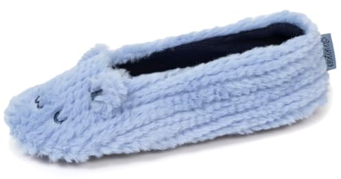Isotoner ballerina tofflor dam katt blå 35/36, Färg: blå, 41/42 EU | Toffel, ballerinor, fuskpäls, halkfri sula, varma och bekväma, maskintvättbar 30 °C