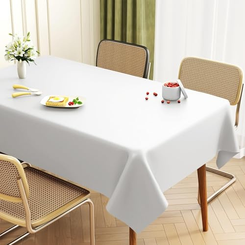 Uniclife Kunststoff-Tischdecke, rechteckig, 140 × 180 cm, wasserdicht, ölbeständig, fleckenresistent, weiße, knitterarm, Picknick, Kunststoff-Tischdecke für Party & Hochzeit